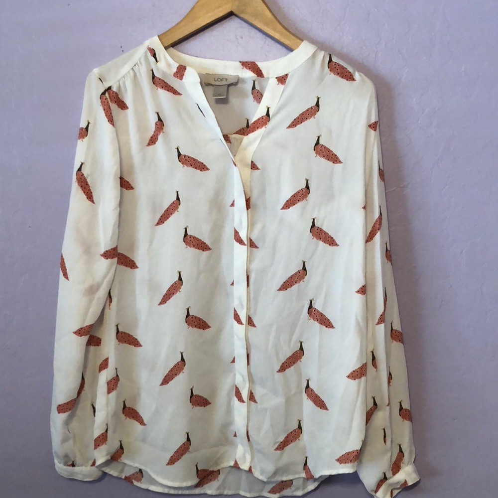 Used XS Pink peacock pattern long sleeve blouse.